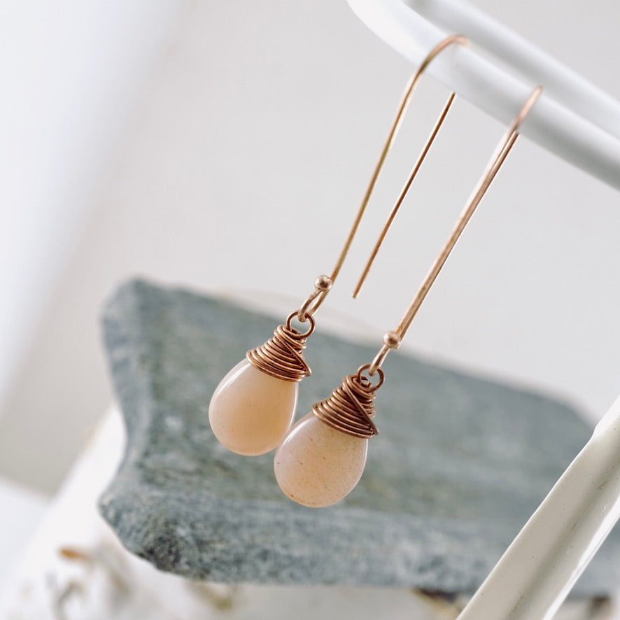 Peach Moonstone Long Drop Earrings