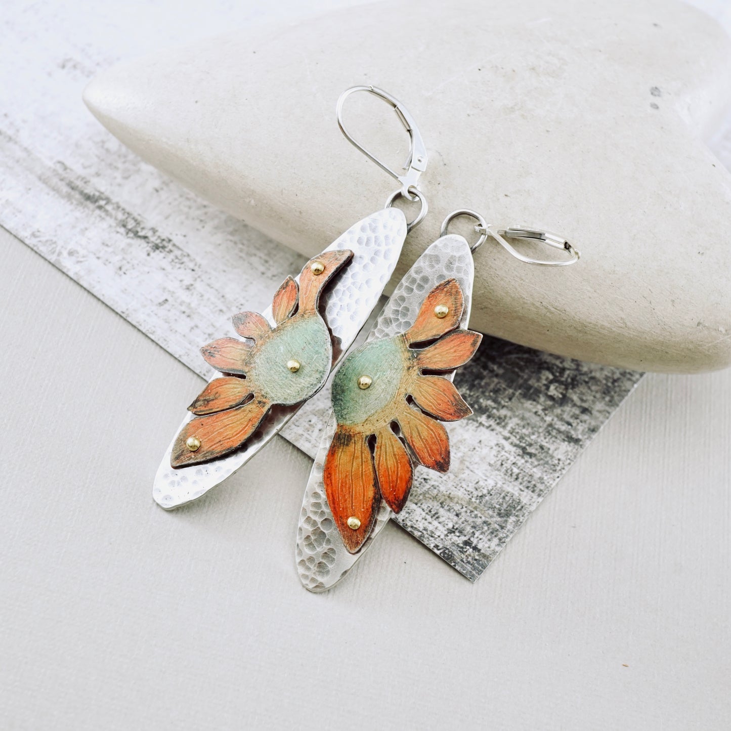 Wildflower Oval Drop Earrings (Orange & Sage)