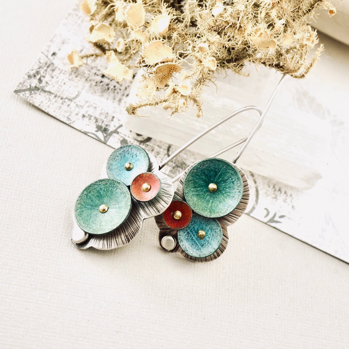 Waterdrop Cluster Long Earrings (Aqua, Moss & Coral)