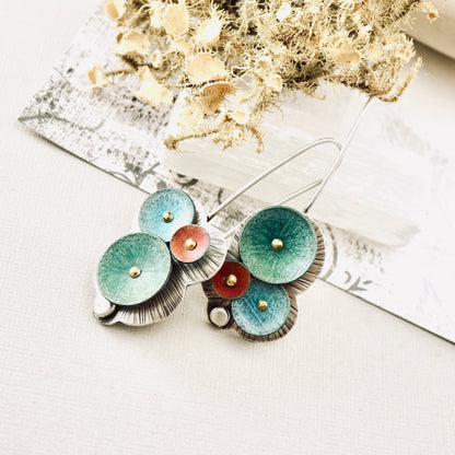 Waterdrop Cluster Long Earrings (Aqua, Moss & Coral)