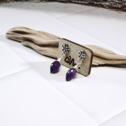 Amethyst Flower Drop Stud Earrings
