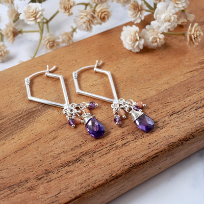 Purple CZ Geometric Cluster Hoop Earrings