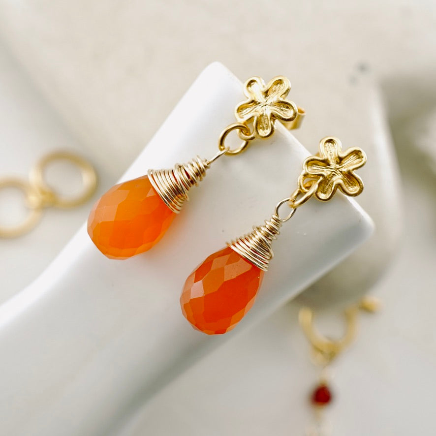 Carnelian Drop Flower Post Earrings