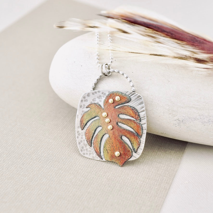 Monstera Square Pendant (Pumpkin & Red)