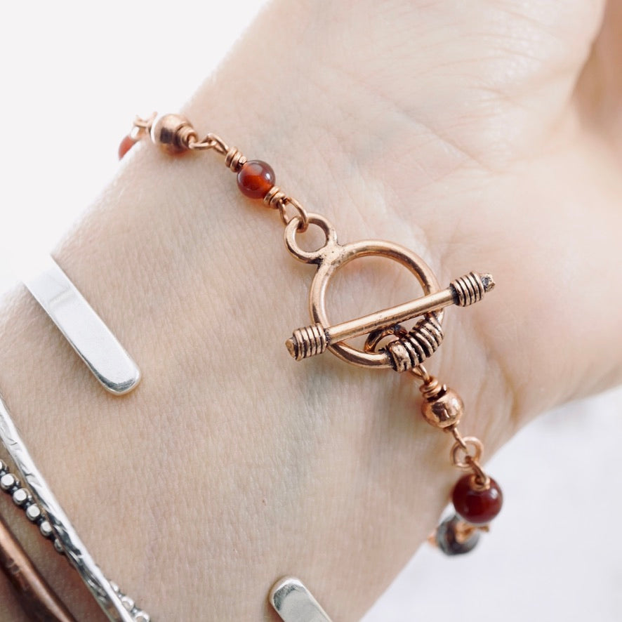 Fire Agate Copper Noodle Bracelet (Toggle Clasp)