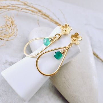 Green Onyx Flower Hoop Earrings