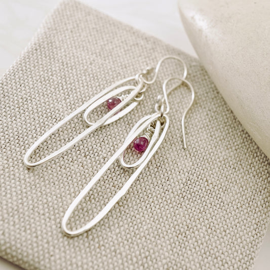 Elongated Double Hoop Pink Sapphire Earrings