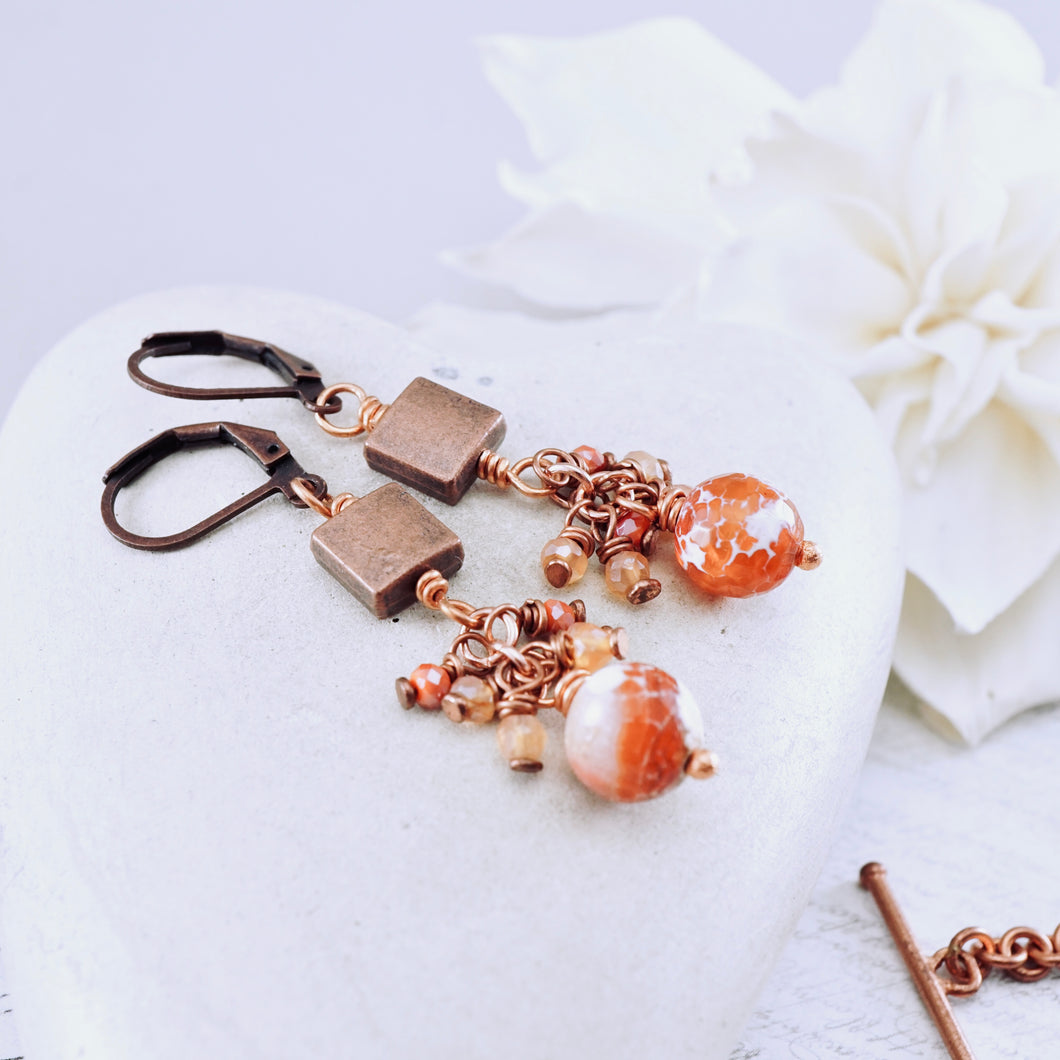 TN Agate & Sunstone Cluster Earrings (Copper)