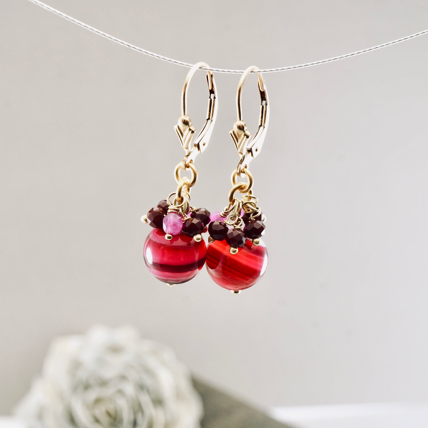 Pink Agate, Jade & Ruby Earrings