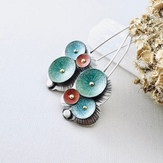 Waterdrop Cluster Long Earrings (Aqua, Moss & Coral)