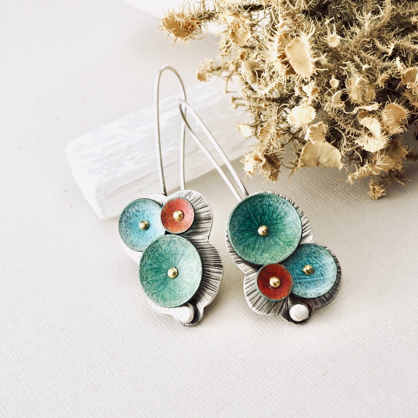Waterdrop Cluster Long Earrings (Aqua, Moss & Coral)