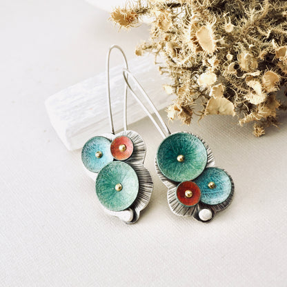 Waterdrop Cluster Long Earrings (Aqua, Moss & Coral)