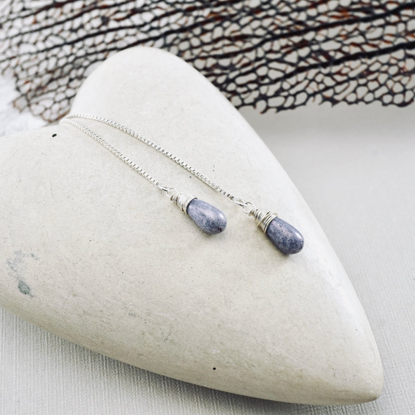 Purple Glass Threader Box Chain Earrings