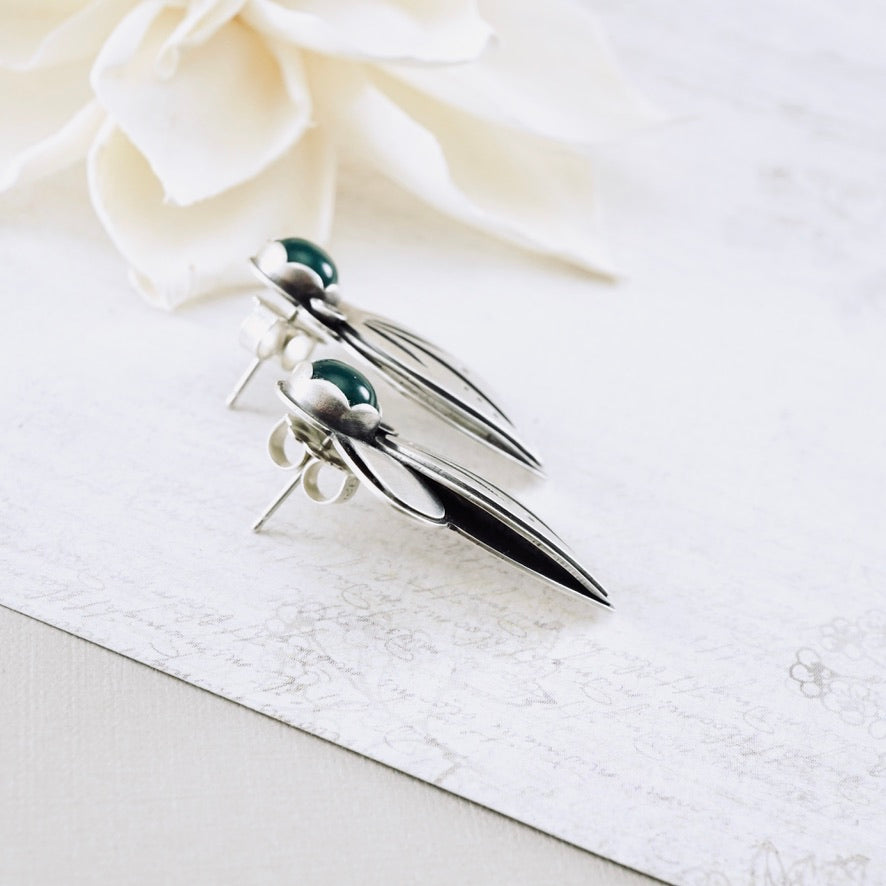 Green Onyx Leaf Stud Earrings