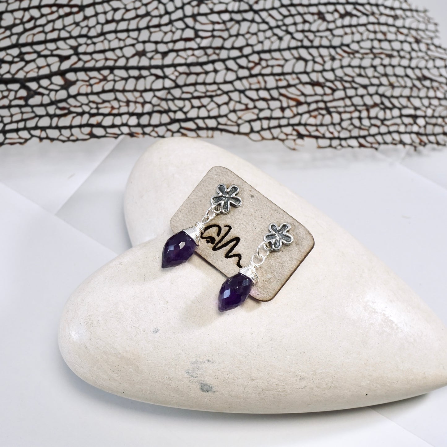 Amethyst Flower Drop Stud Earrings