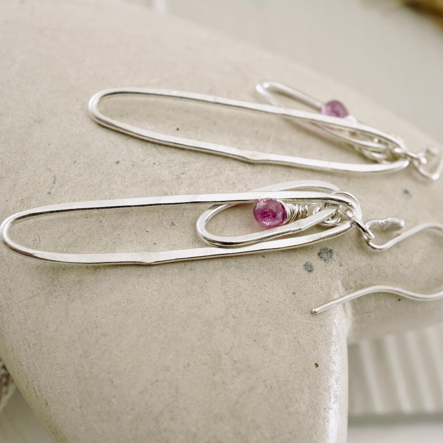 Elongated Double Hoop Pink Sapphire Earrings