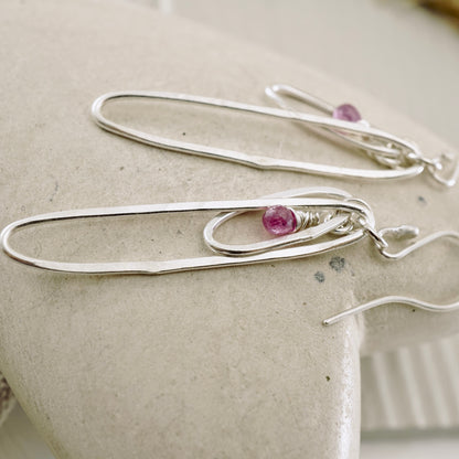 Elongated Double Hoop Pink Sapphire Earrings