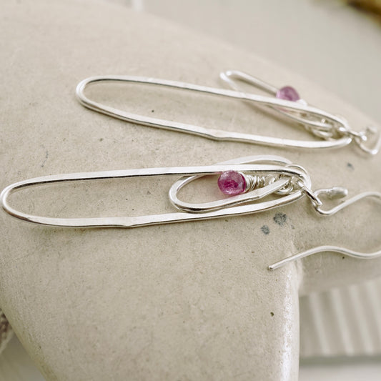Elongated Double Hoop Pink Sapphire Earrings
