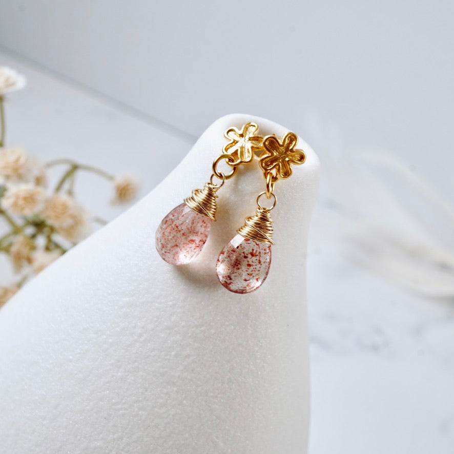 Petite Strawberry Quartz Flower Post Earrings