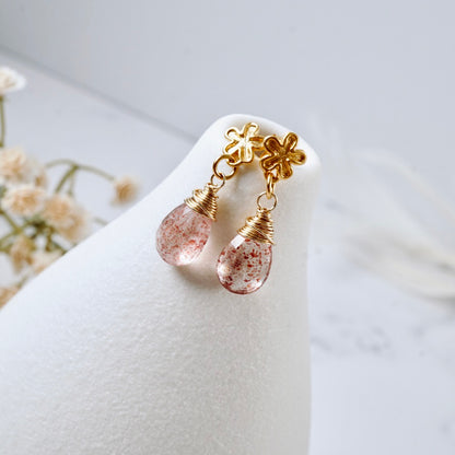 Petite Strawberry Quartz Flower Post Earrings