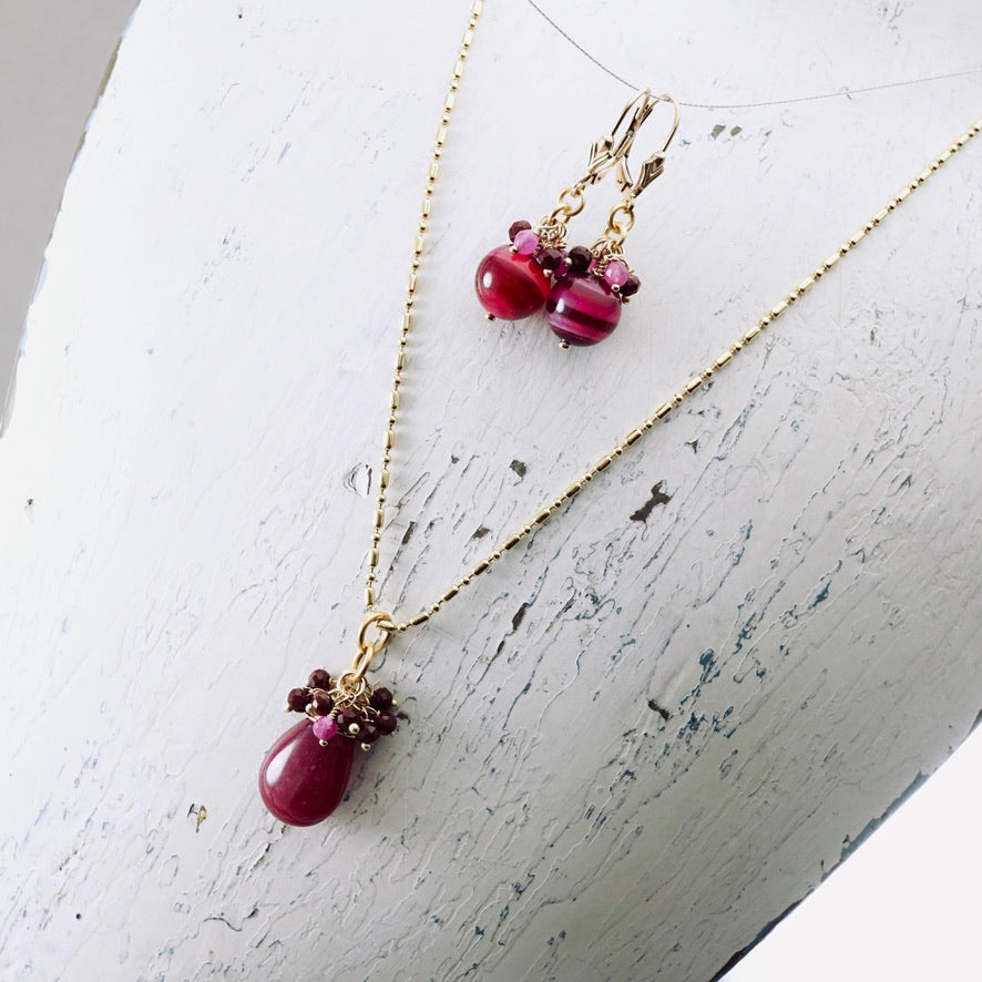 Pink Jade & Ruby Cluster Pendant
