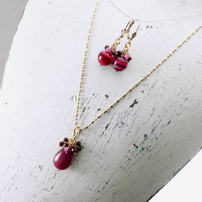 Pink Jade & Ruby Cluster Pendant