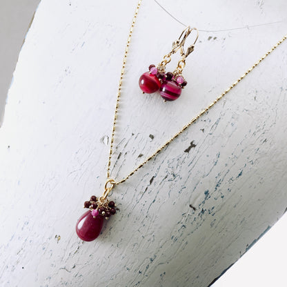 Pink Agate, Jade & Ruby Earrings
