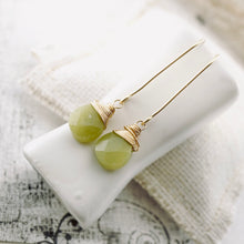 Load image into Gallery viewer, TN Green Olive Jade Long Drop Earrings (Gold-filled)