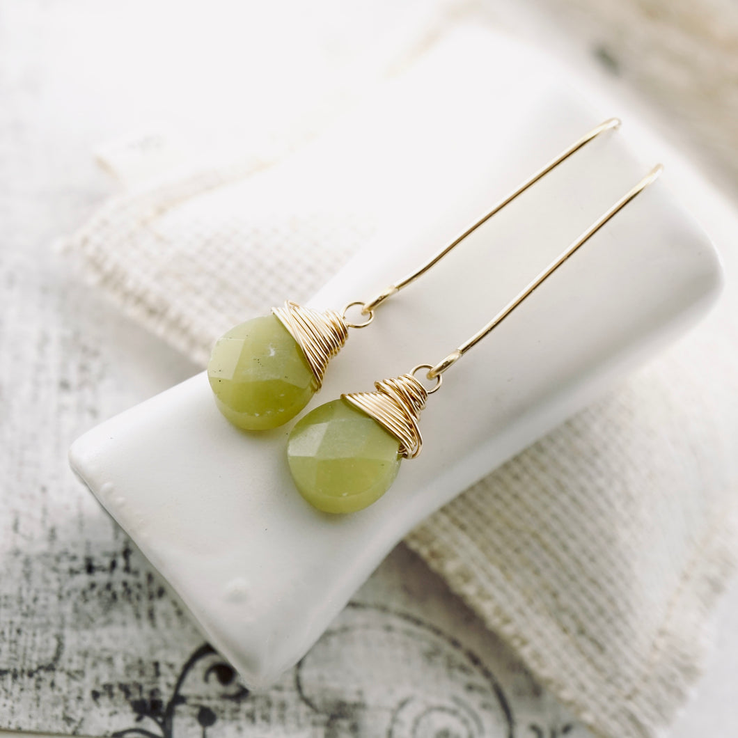 TN Green Olive Jade Long Drop Earrings (Gold-filled)