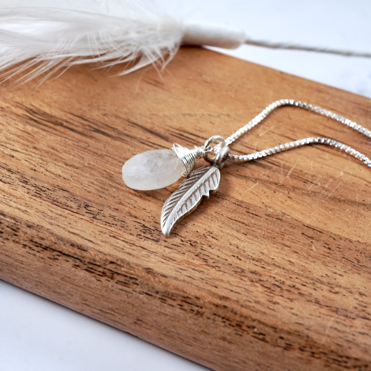 Petite Moonstone & Feather Pendant