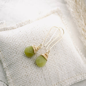 TN Green Olive Jade Long Drop Earrings (Gold-filled)