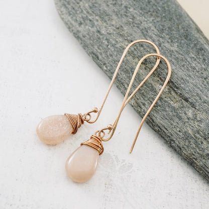 Peach Moonstone Long Drop Earrings