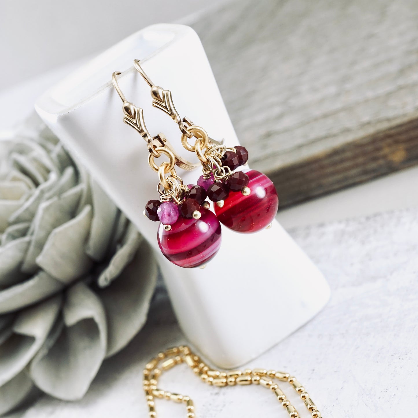 Pink Agate, Jade & Ruby Earrings