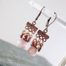 Load image into Gallery viewer, TN Strawberry Quartz &amp; Ruby Petite Chandelier Earrings (Copper)