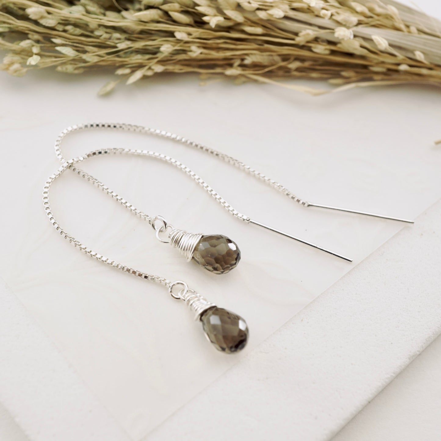 Smoky Quartz Threader Box Chain Earrings
