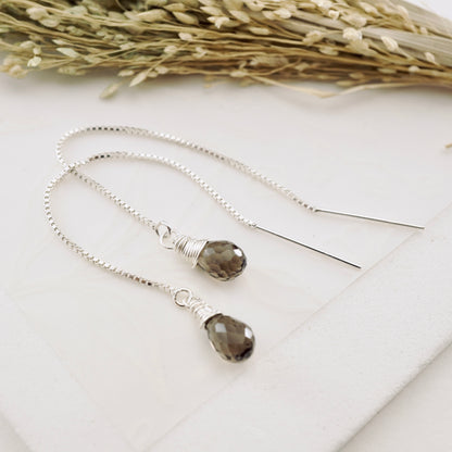 Smoky Quartz Threader Box Chain Earrings