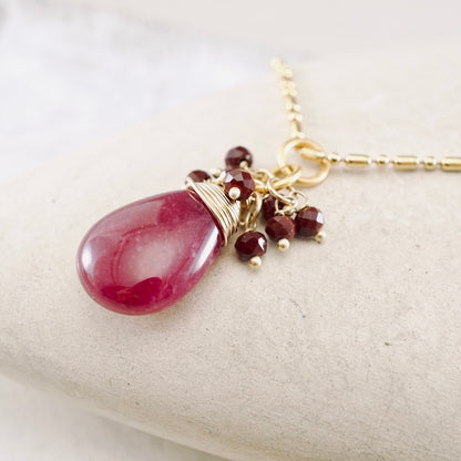 Pink Jade & Ruby Cluster Pendant