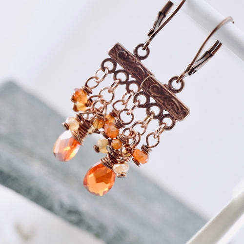 TN Carnelian & Sunstone Petite Chandelier Earrings (Copper)