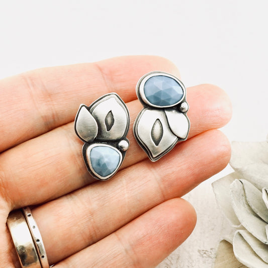 Blue Opal Leaf Stud Earrings