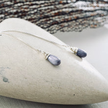 Load image into Gallery viewer, Purple Glass Threader Box Chain Earrings