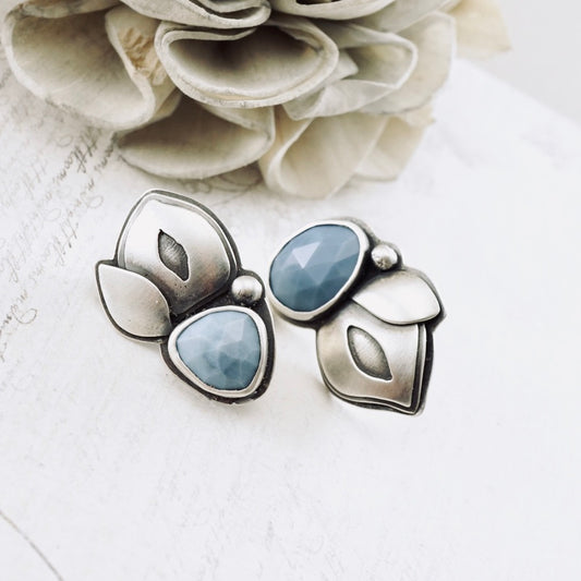 Blue Opal Leaf Stud Earrings