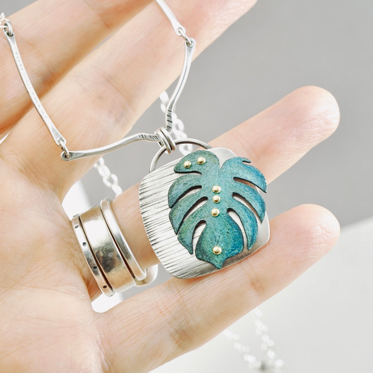Monstera Square Pendant (Aqua Green)