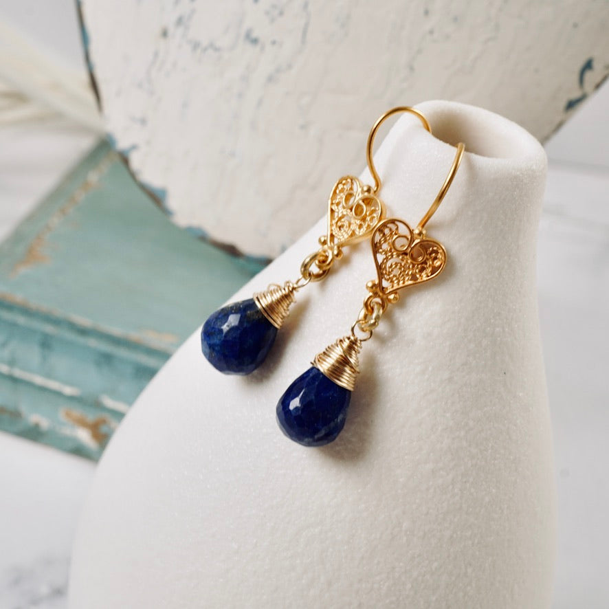 Natural Lapis Filigree Heart Drop Earrings