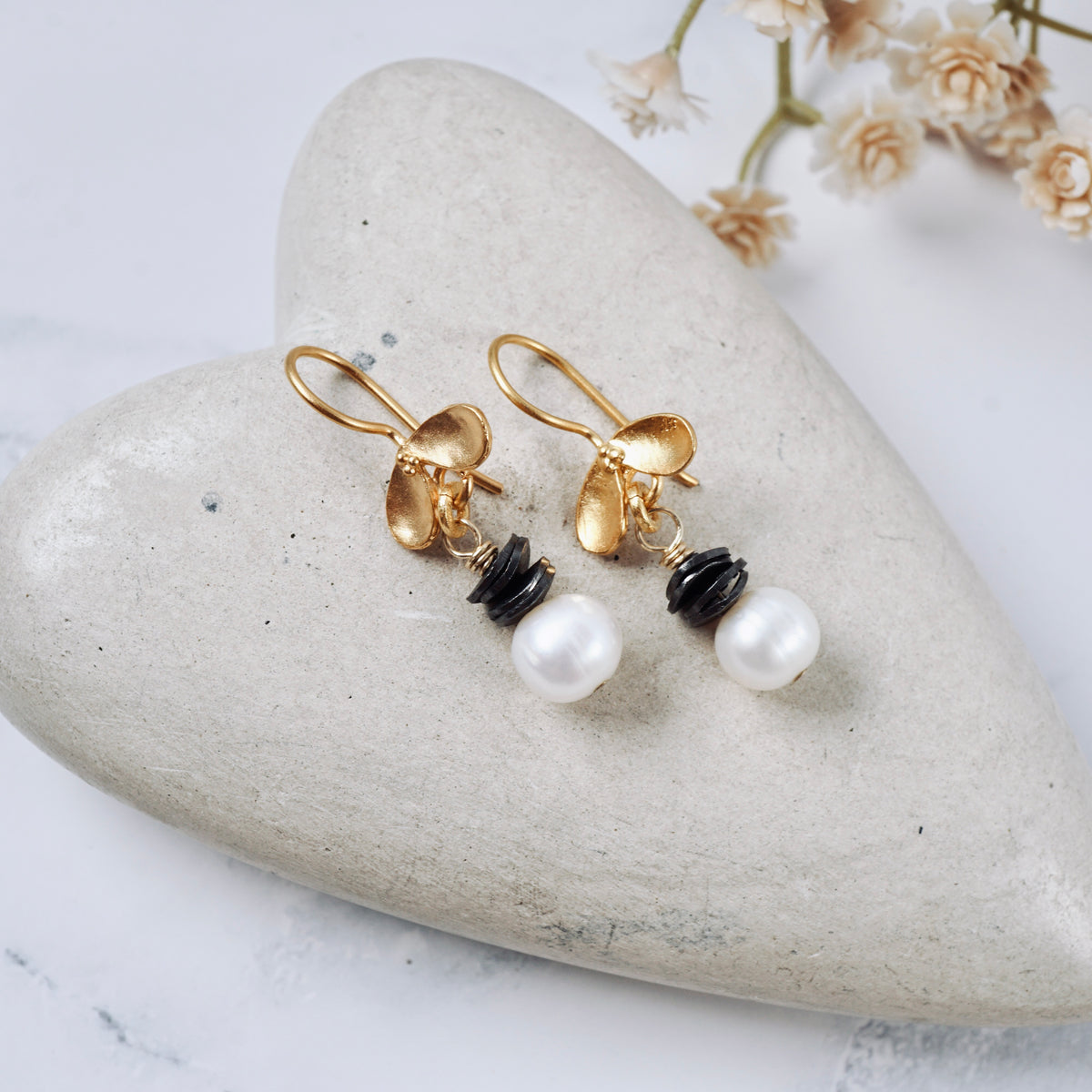 Ladybug Black & Pearl Drop Earrings