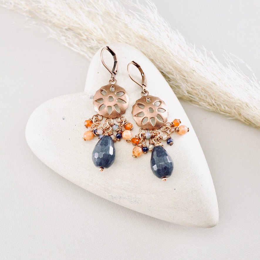 TN Dumortierite Mexican Sun Chandelier Earrings (Copper)