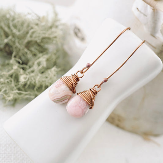 Rhodochrosite Long Drop Earrings