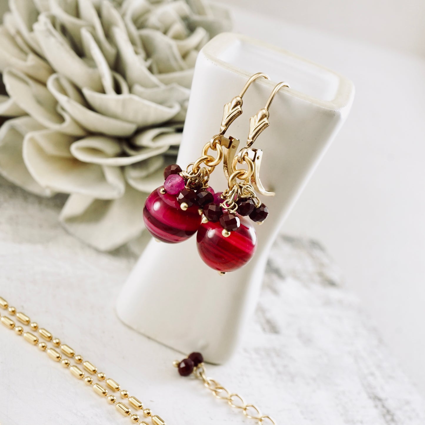 Pink Agate, Jade & Ruby Earrings