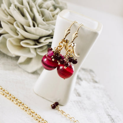 Pink Agate, Jade & Ruby Earrings