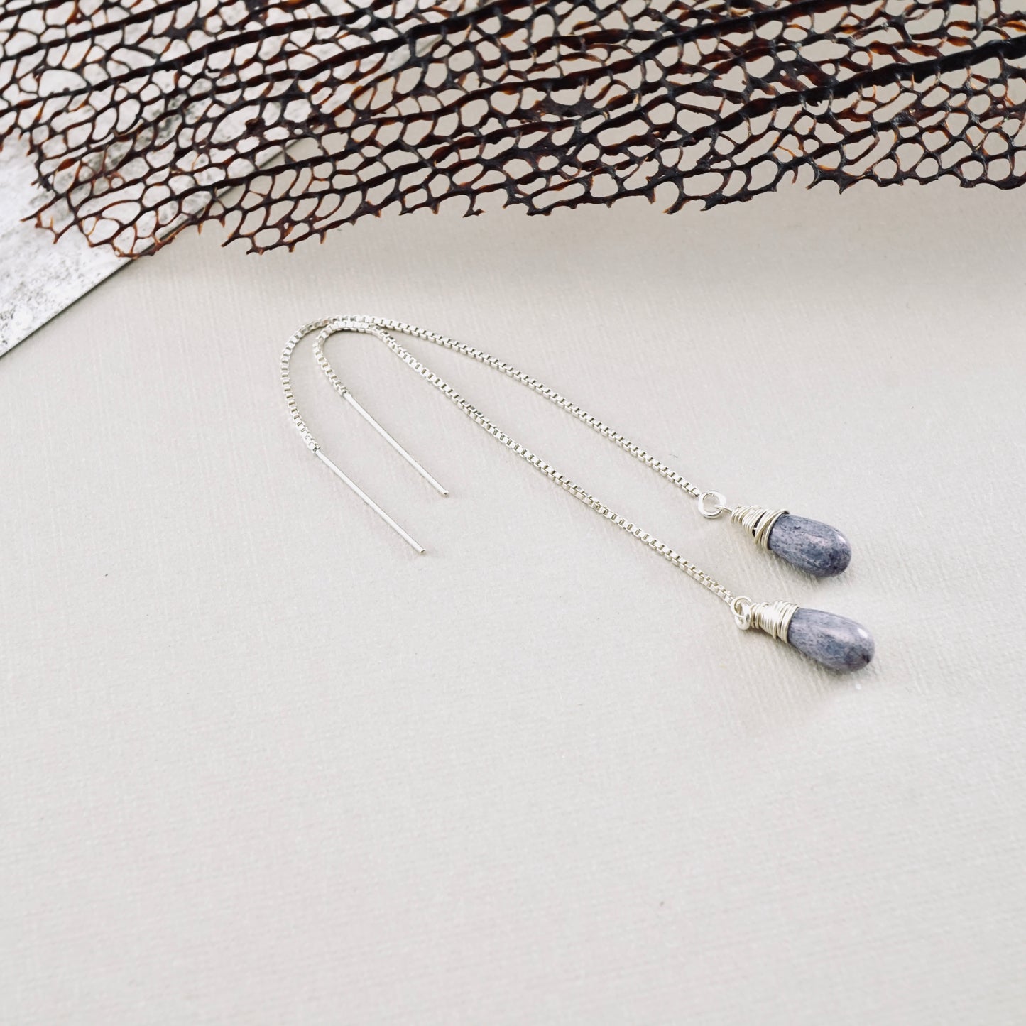 Purple Glass Threader Box Chain Earrings