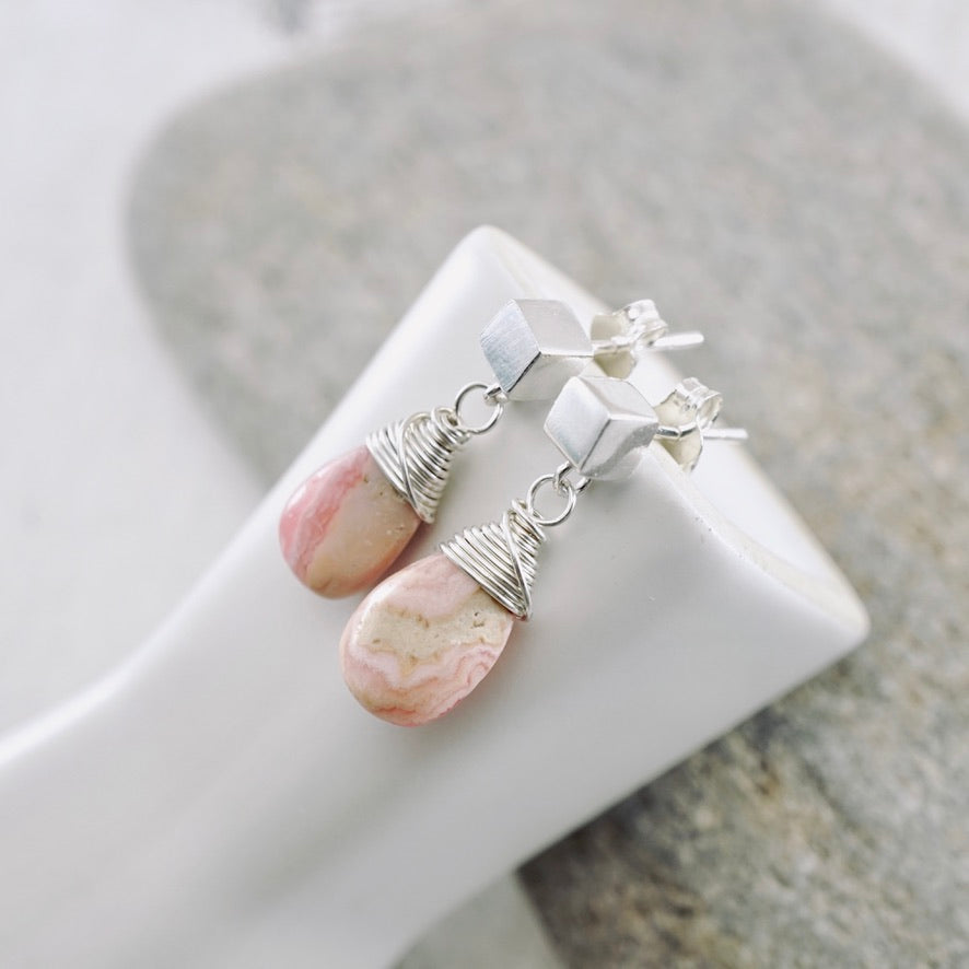 Rhodochrosite Petite Square Stud Earrings